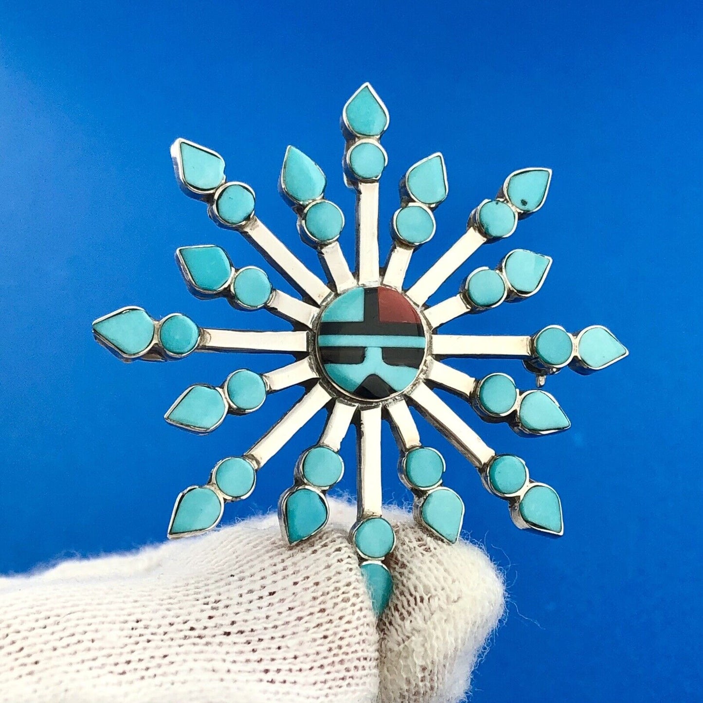 Zuni Designer Vera Halusewa Sterling Silver 925 Turquoise Star Brooch Pendant