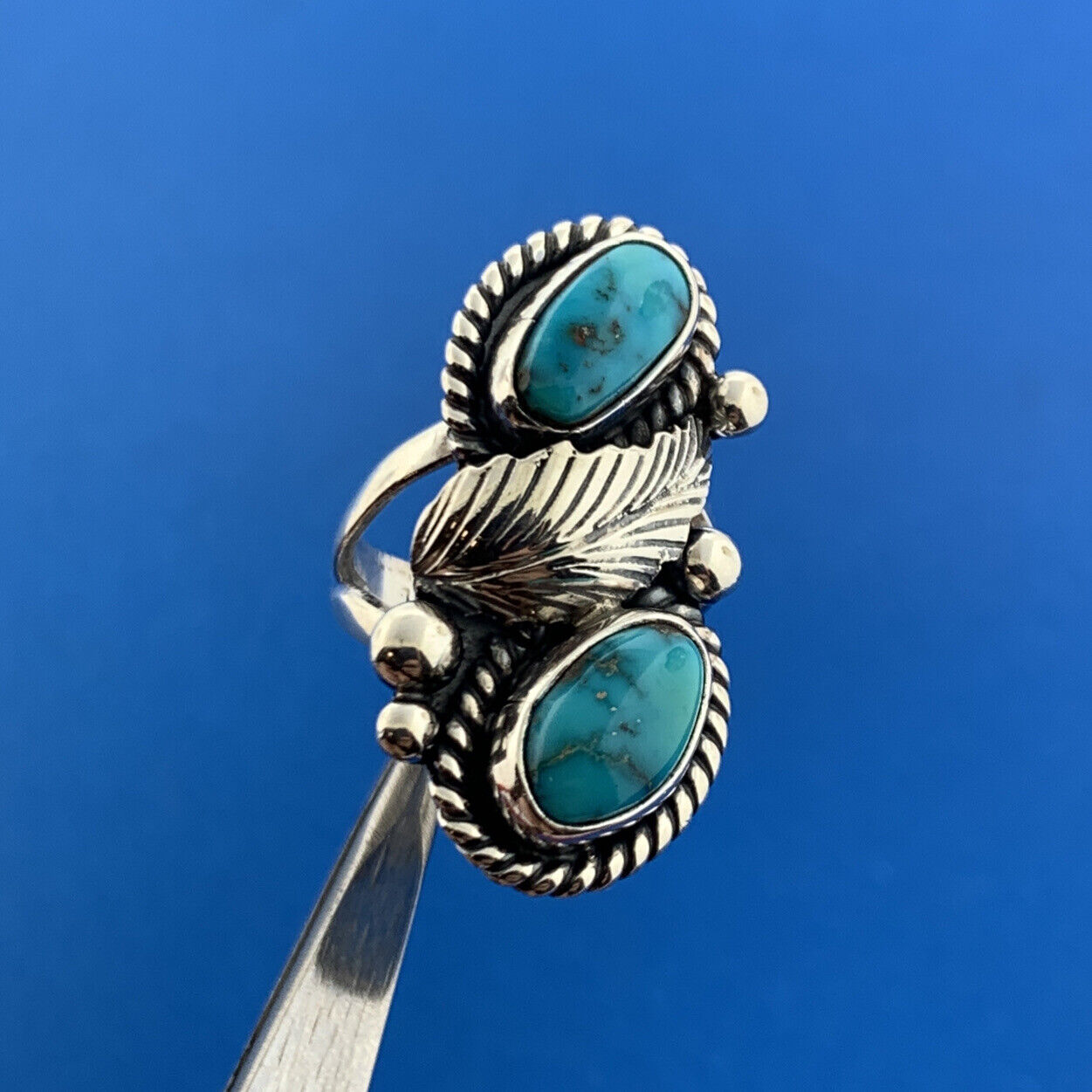 Designer J Lee Sterling Silver 925 Blue Turquoise Floral Finger Ring Size 4