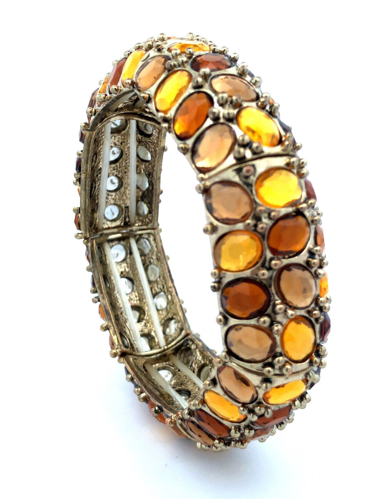 Fabulous Gold Tone Yellow Gold Amber Rhinestone Stretch Statement Cuff Bracelet