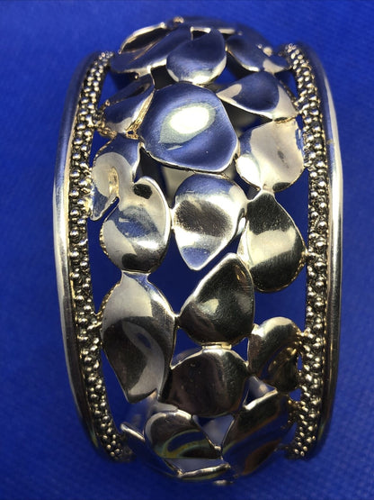 Michael Dawkins 925 Sterling Silver Petal & Beaded Detail Open Cuff Bracelet