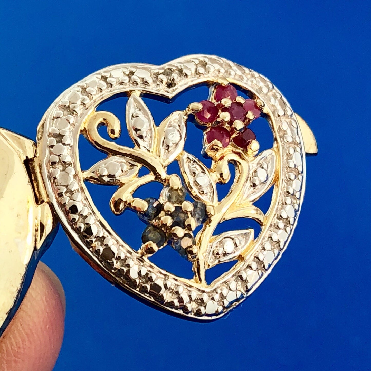Vintage 925 Sterling Silver Vermeil Two Tone Sapphire Ruby Heart Locket Pendant