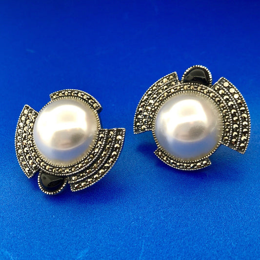 Vintage 925 Sterling Silver Mabe Pearl Black Onyx Marcasite Statement Earrings