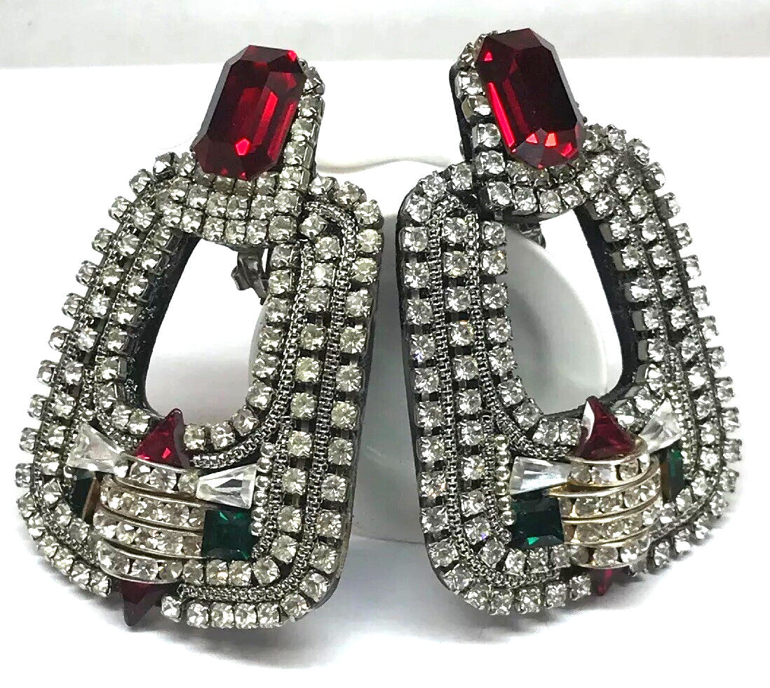 Original M&J Hansen '89 Signed Red Green Crystal Rhinestone Runway Clip Earrings