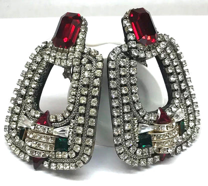 Original M&J Hansen '89 Signed Red Green Crystal Rhinestone Runway Clip Earrings