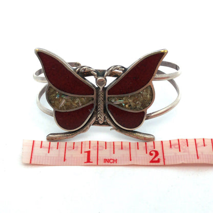 Native American Sterling Silver Coral Mother of Pearl Abalone Butterfly Bracelet