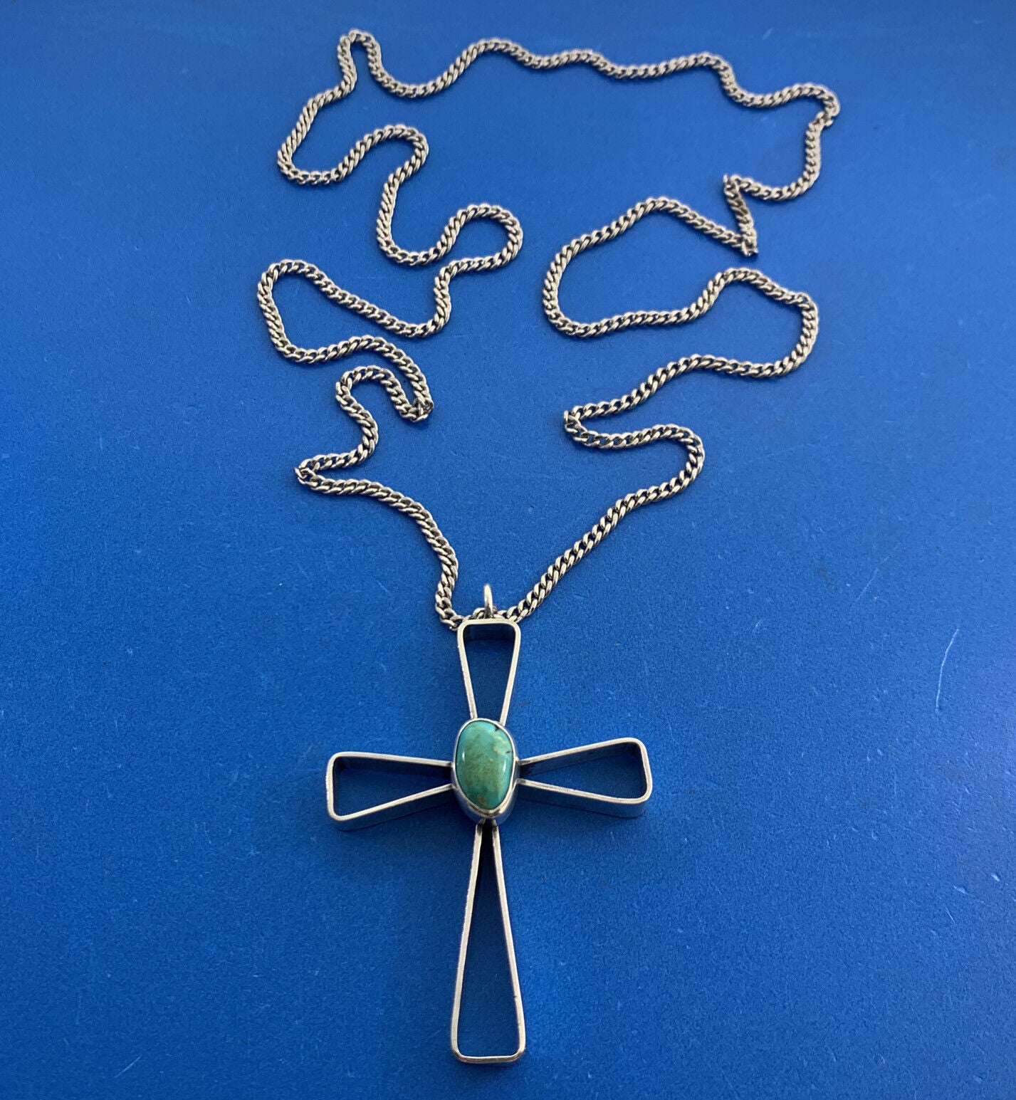 Oval Turquoise 925 Sterling Silver Statement Cross Silver Tone Chain Necklace