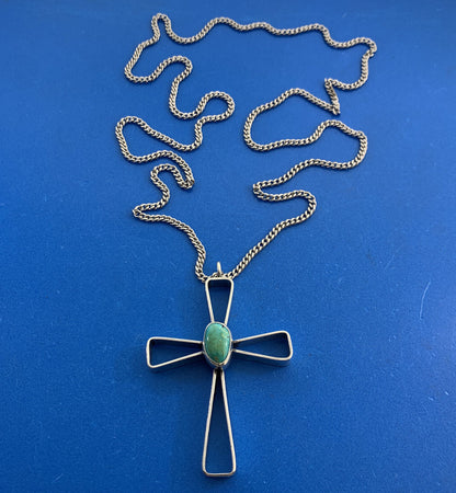 Oval Turquoise 925 Sterling Silver Statement Cross Silver Tone Chain Necklace