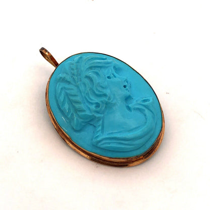 Designer Vintage 14K Yellow Gold Oval Blue Carved Cameo Brooch Pendant
