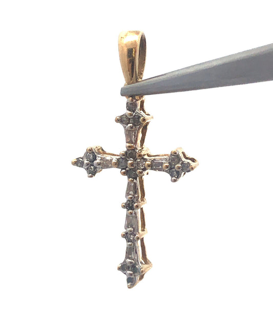 Gorgeous 10k Yellow Gold Multi-Cut Diamond Religious Faith Cross Dangle Pendant
