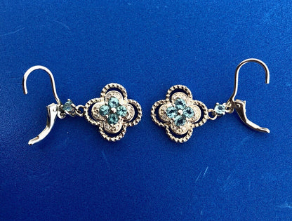 Designer Sterling Silver 925 Blue Topaz Diamond Flower Drop Dangle Earrings