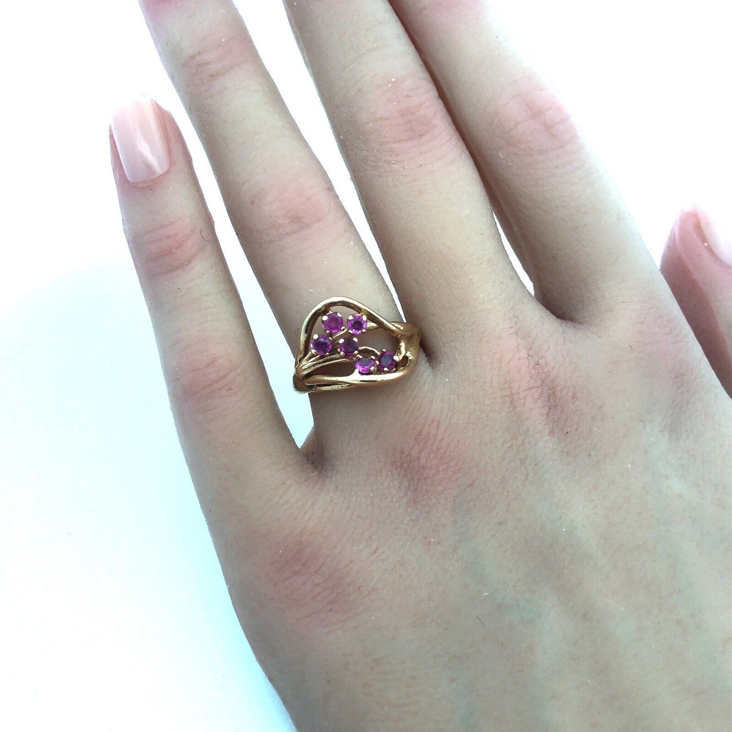 14K Yellow Gold Ruby Cluster Free Form Modernist July Birthday Cocktail Ring