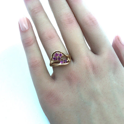 14K Yellow Gold Ruby Cluster Free Form Modernist July Birthday Cocktail Ring