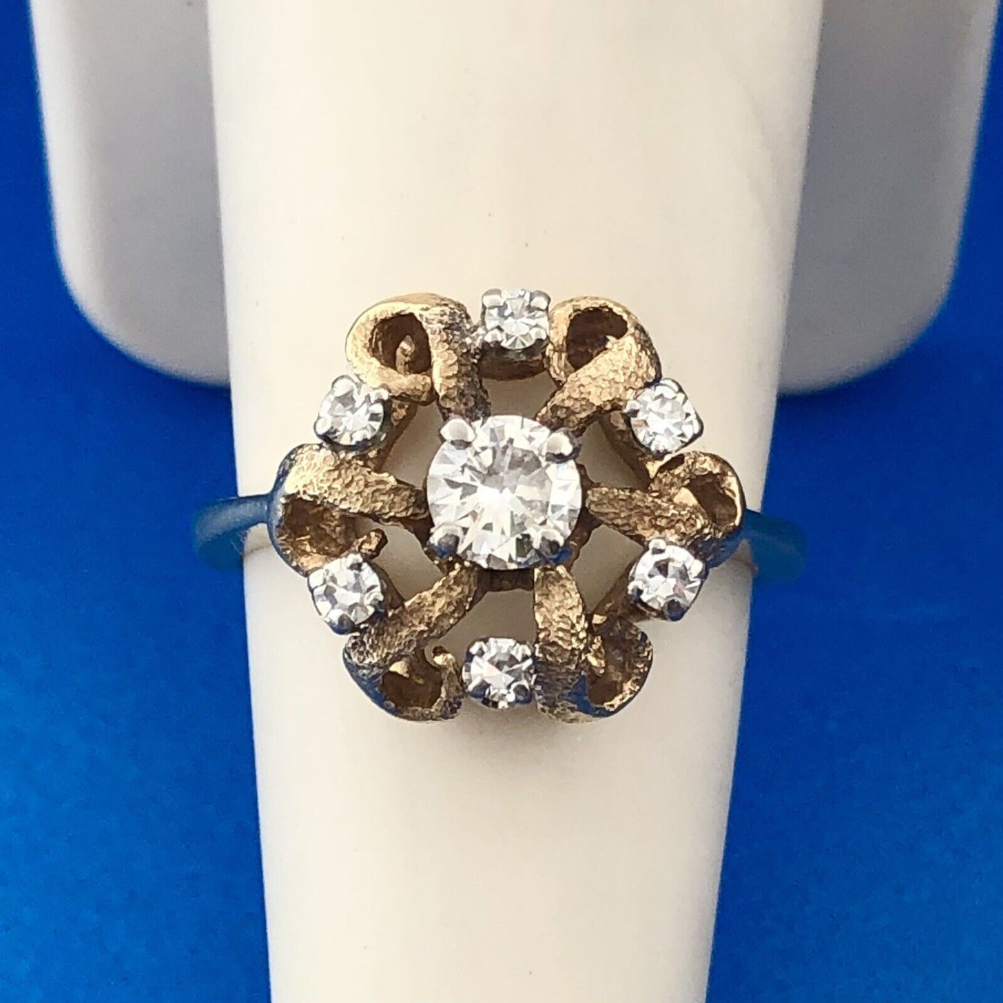 Vintage 14K Yellow Gold Diamond Flower Cluster Ribbon Style Cocktail Ring