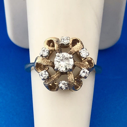 Vintage 14K Yellow Gold Diamond Flower Cluster Ribbon Style Cocktail Ring