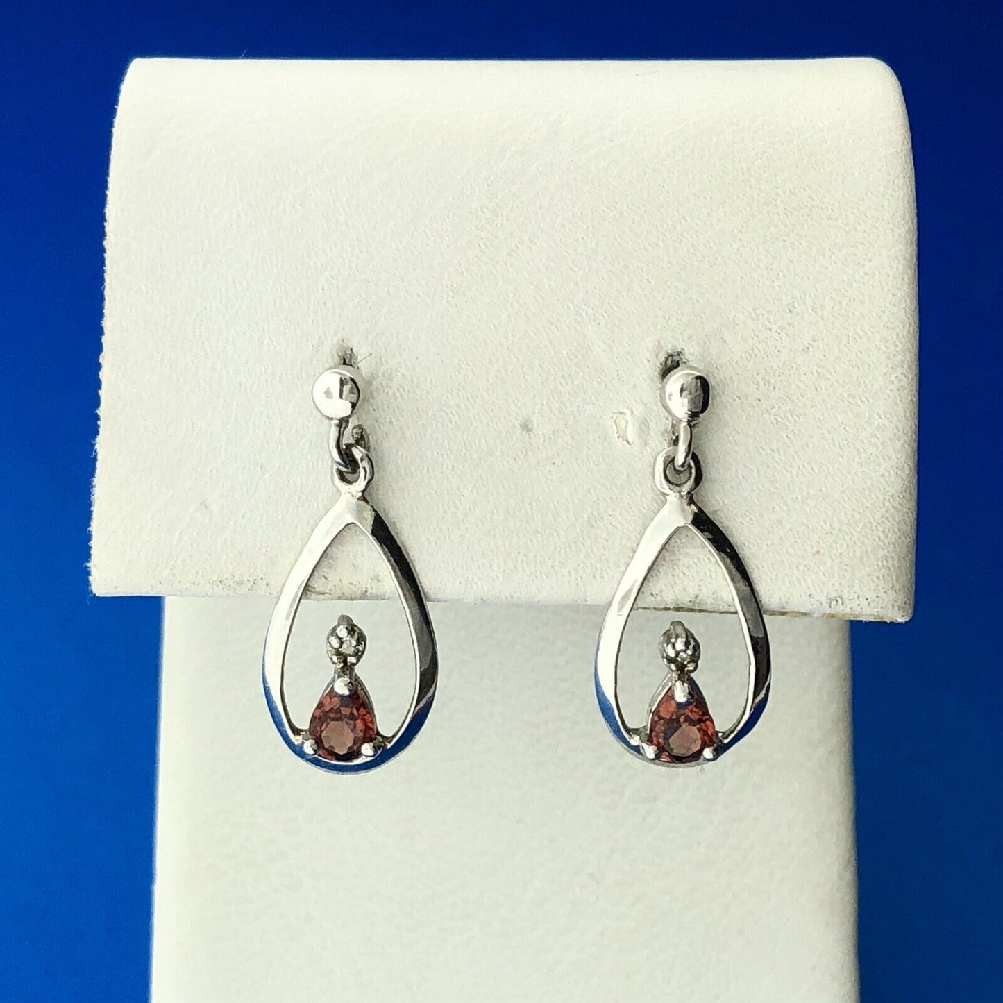Designer QG Sterling Silver Garnet Diamond Openwork Teardrop Dangle Earrings