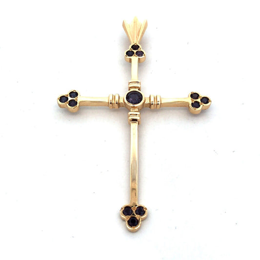 Large 14K Yellow Gold Round Mystic Topaz Statement Cross Religious Pendant