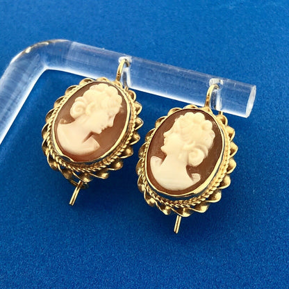 Gorgeous 14k Yellow Gold Orange Peach Cameo Shell French Wire Hook Earrings