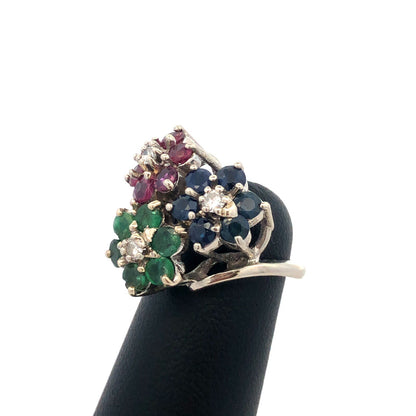 KOL 14K White Gold Round Ruby Sapphire Emerald Topaz Floral Cluster Pinky Ring