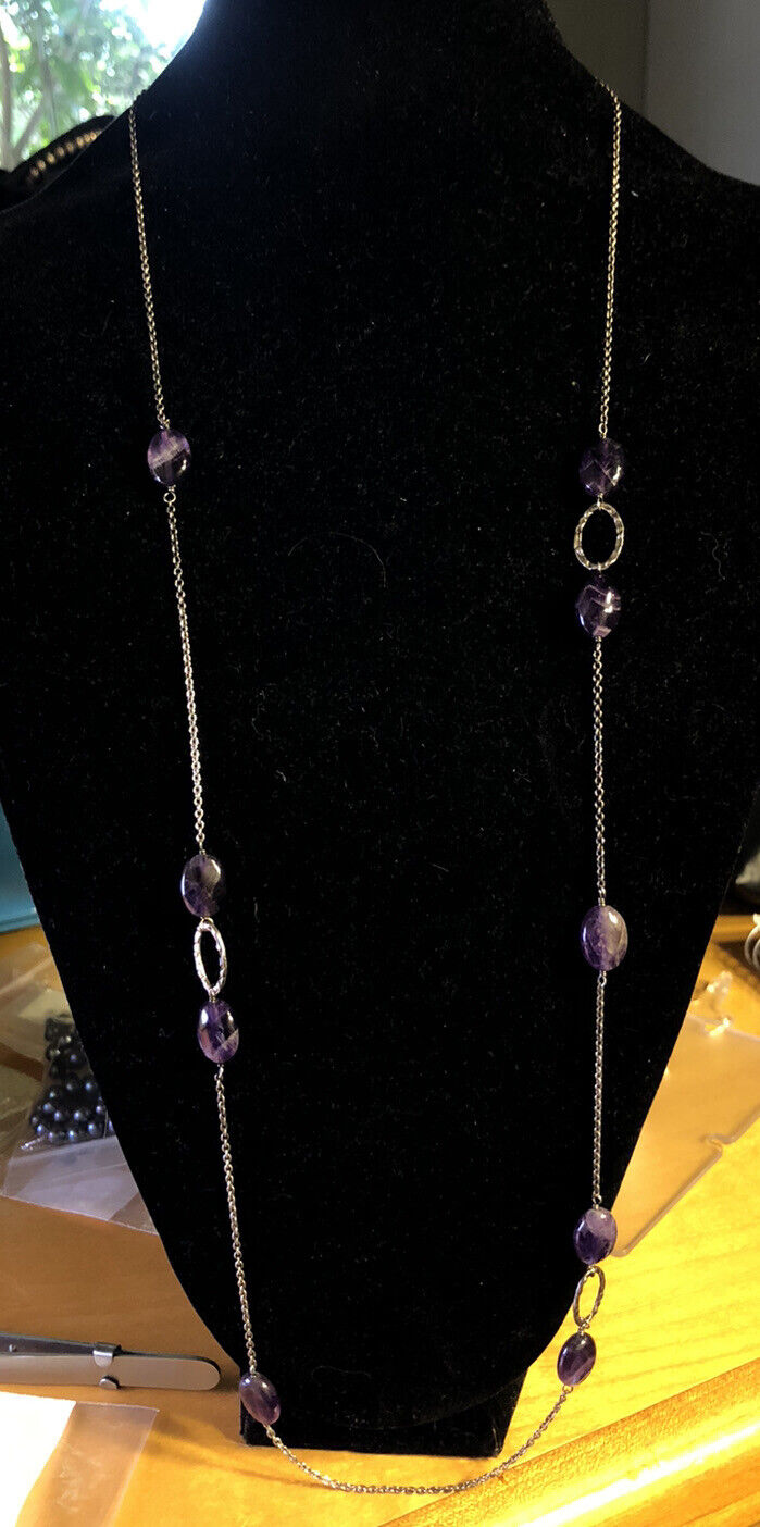 Designer NF 925 Sterling Silver Oval Amethyst Beaded Statement Chain Necklace