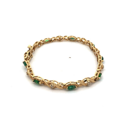 10K Yellow Gold Marquise Emerald Round Diamond X&O Tennis Bracelet