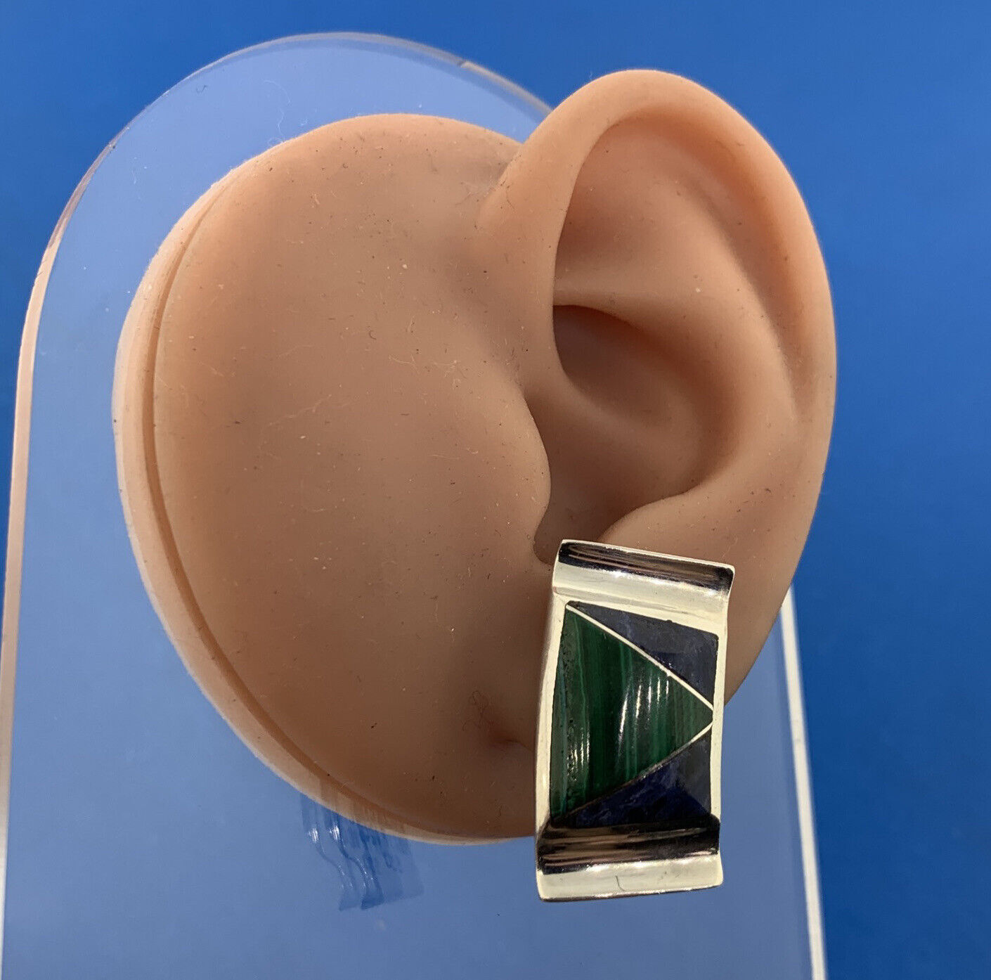 Escorcia Taxco Mexico 950 Silver Lapis Lazuli Malachite Inlay Modernist Earrings