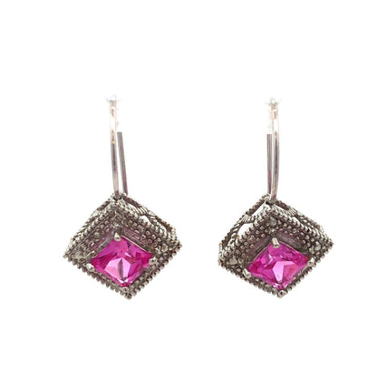 Designer 10K White Gold Princess Pink Sapphire Diamond French Hook Earrings