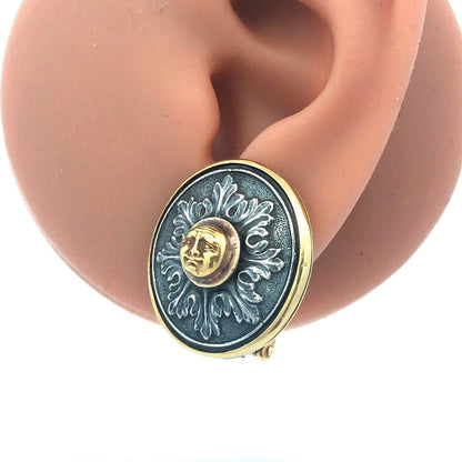Signed Paul Lantuch 18K Yellow Gold 925 Sterling Silver Mask Disc Earrings