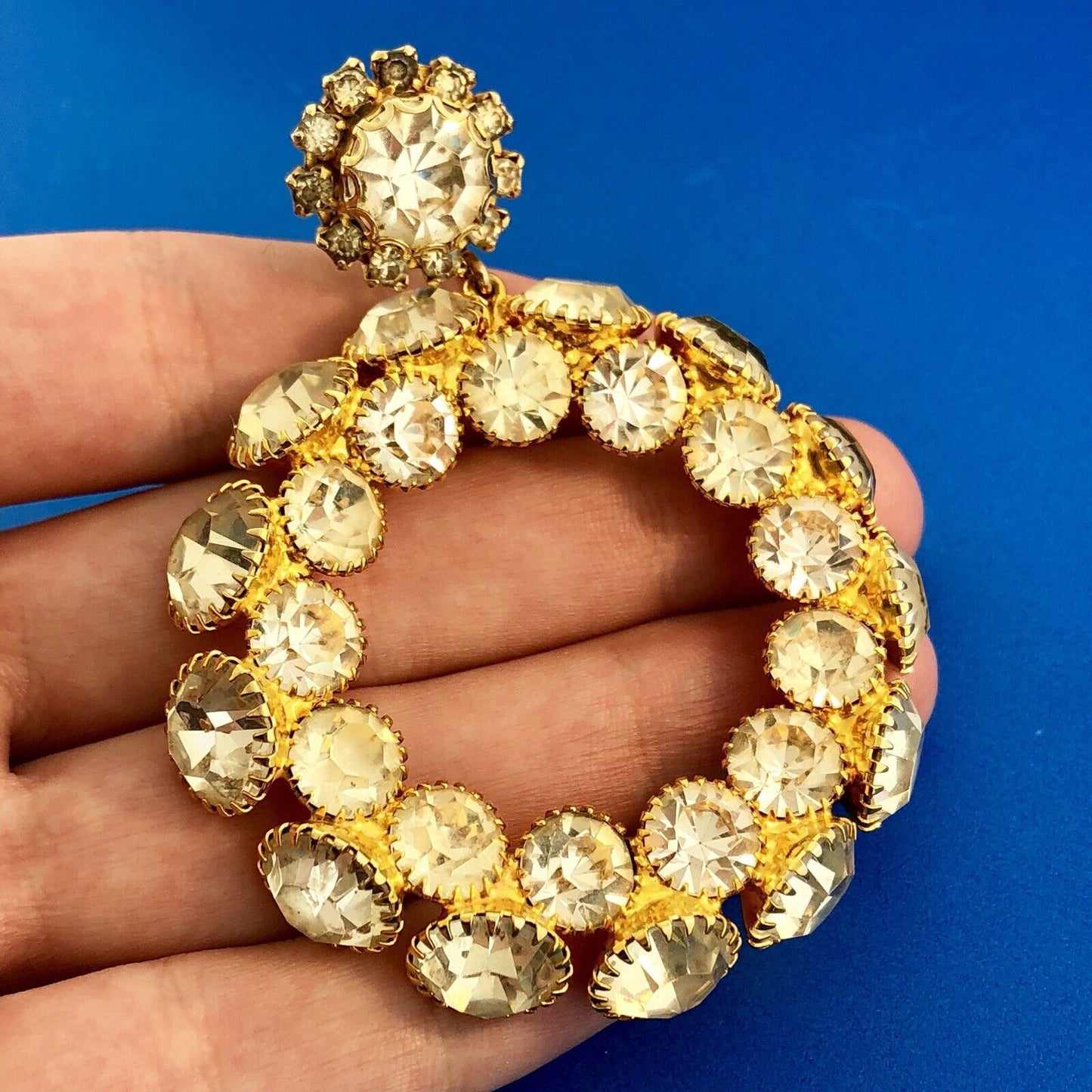 Extravagant Gold Tone Runway Rhinestone Statement Hoop Clip Glamour Earrings