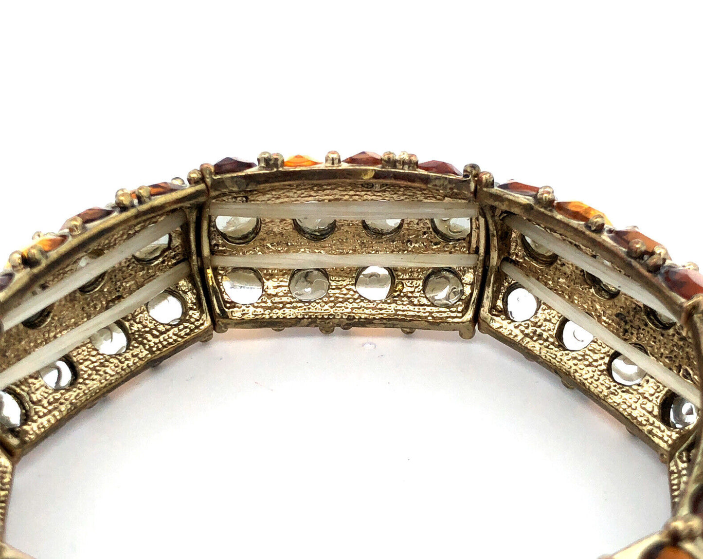 Fabulous Gold Tone Yellow Gold Amber Rhinestone Stretch Statement Cuff Bracelet