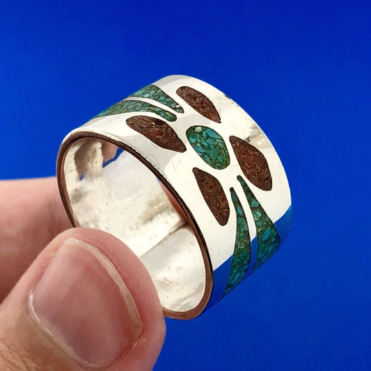 Men's Sterling Silver 925 Turquoise Red Coral Spiderweb Inlay Wide Band Ring