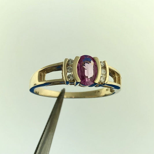 Vintage 10K Yellow Gold Oval Pink Sapphire Diamond Accent Cocktail Ring