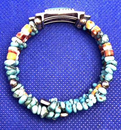 Native American Signer 925 Sterling Silver Turquoise & Shell Beaded Bracelet