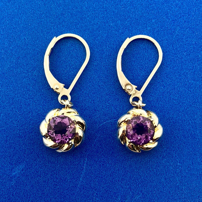 Designer Sterling Silver 925 Amethyst Flower Twist February Dangle Earrings
