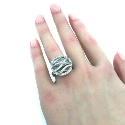 925 Sterling Silver Cubic Zirconia CZ Round 3D Swirl Swag Statement Ring