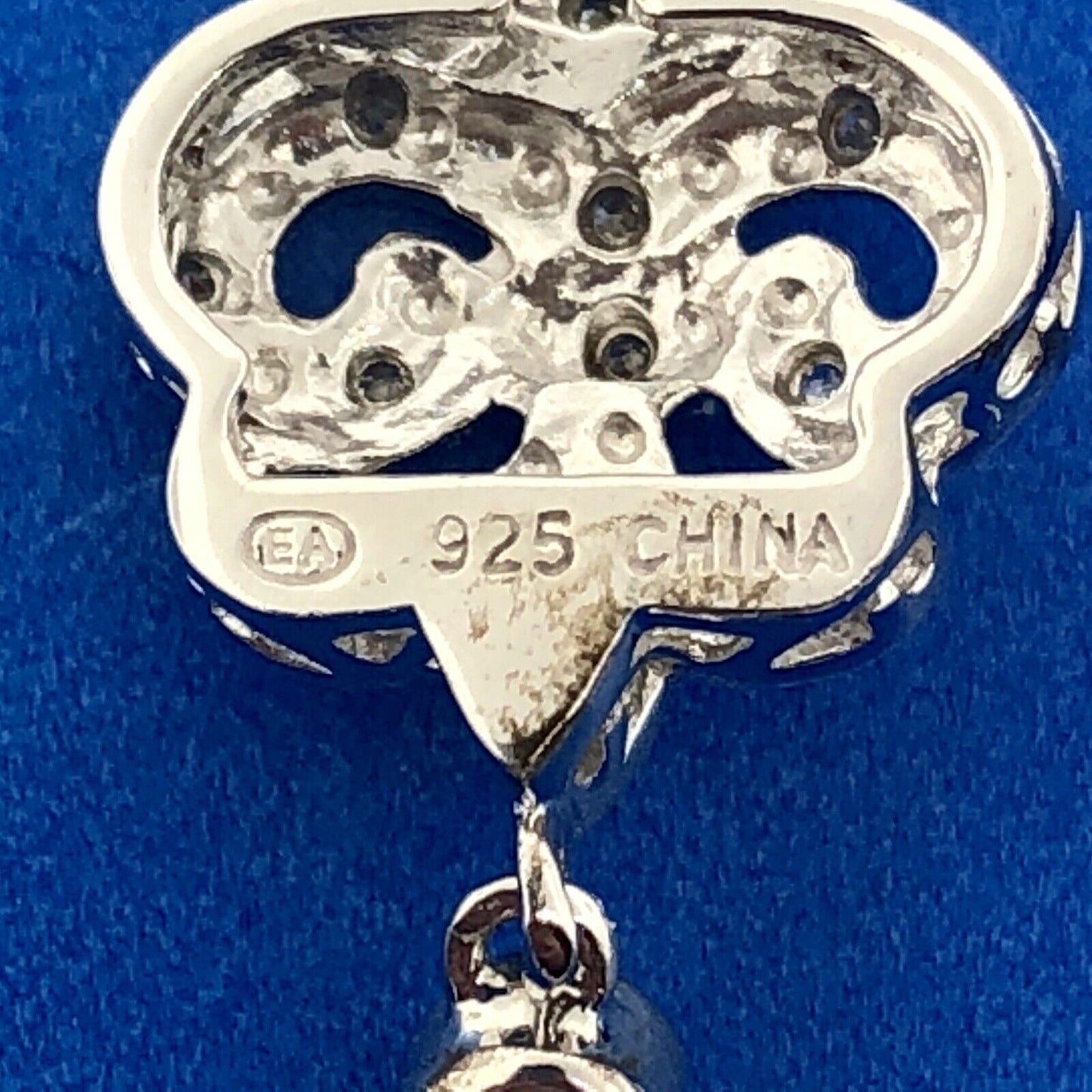 Designer EA Sterling Silver 925 Diamond Blue Topaz Fleur De Lis Drop Earrings