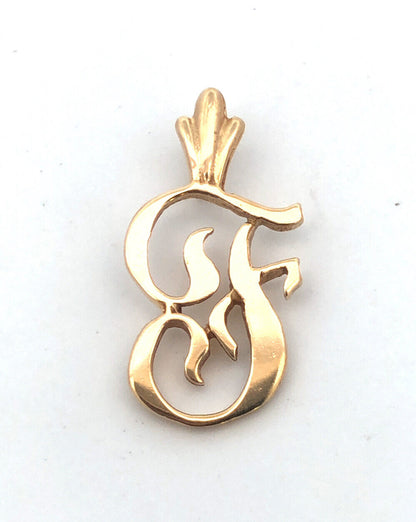 14K Yellow Gold Polished Script Capital F Initial Monogram Letter Pendant