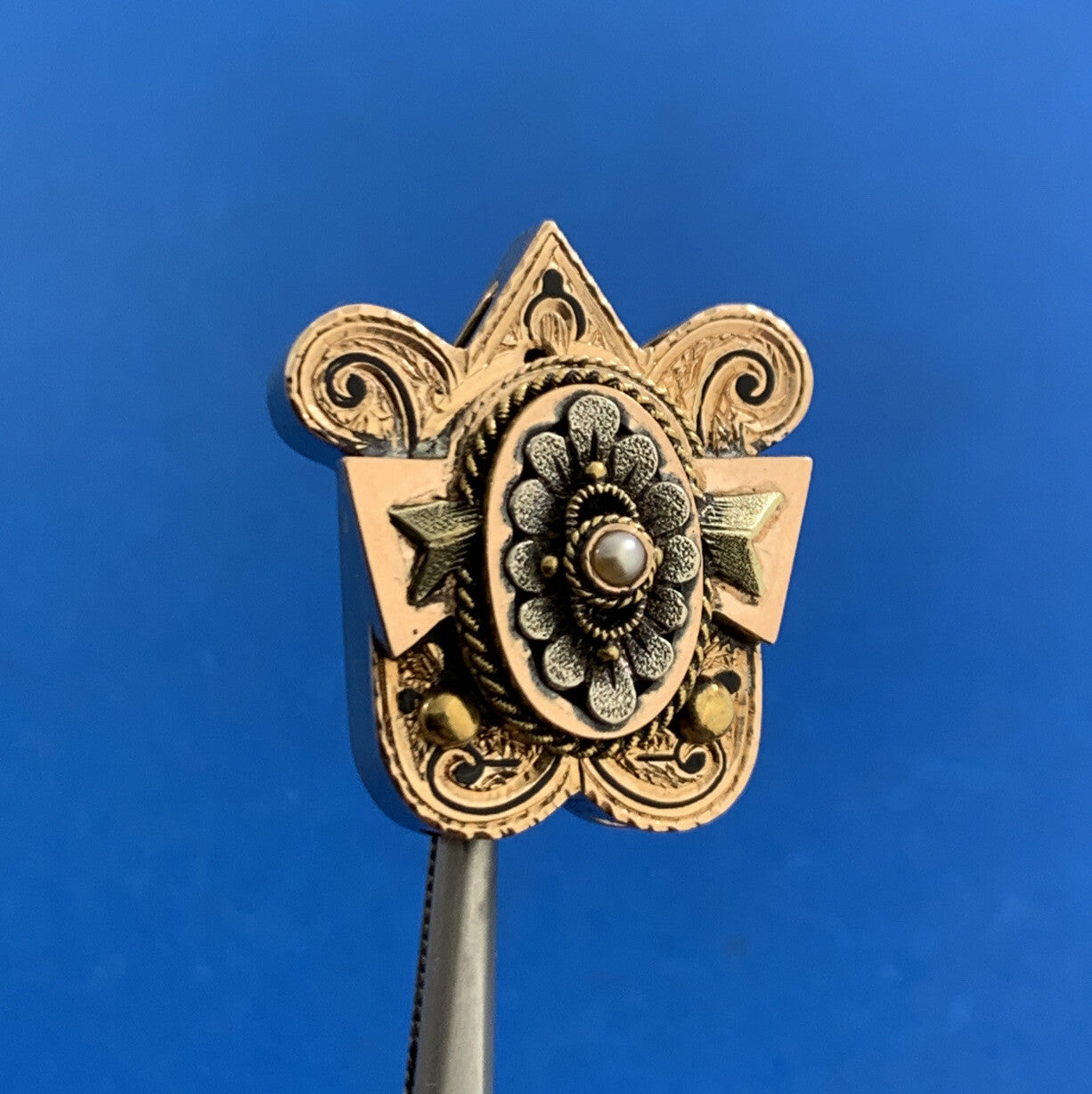 Vintage 14K Yellow Gold Seed Pearl Black Enamel Statement Slide Bracelet Charm