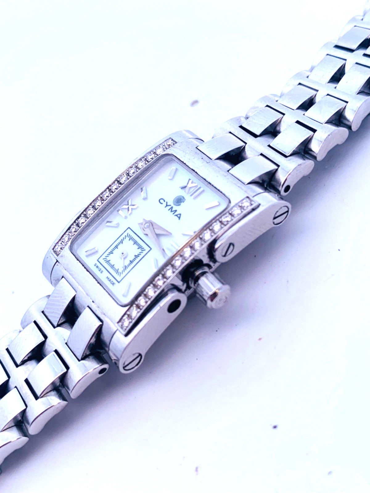 Vintage Cyma Le Locle Stainless Steel Mother Of Pearl Dial Diamond Accent Watch