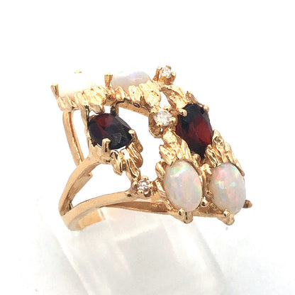 Vintage 14K Yellow Gold Diamond Garnet Opal Free Form Statement Cocktail Ring