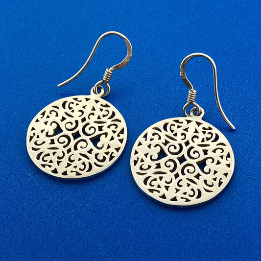 925 Sterling Silver Heart Scroll Open Work Disc Drop Dangle Filigree Earrings