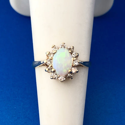 Estate 14K Yellow Gold Oval Opal Diamond Halo October Anniversary Cocktail Ring