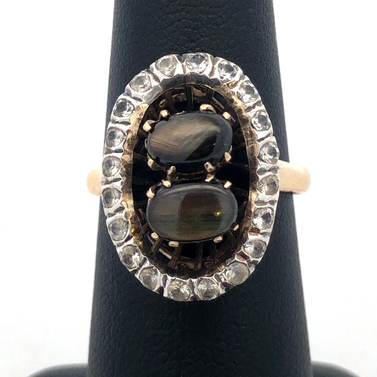 Vintage 14K Yellow Gold Black Star Sapphire White Amethyst Halo Cocktail Ring