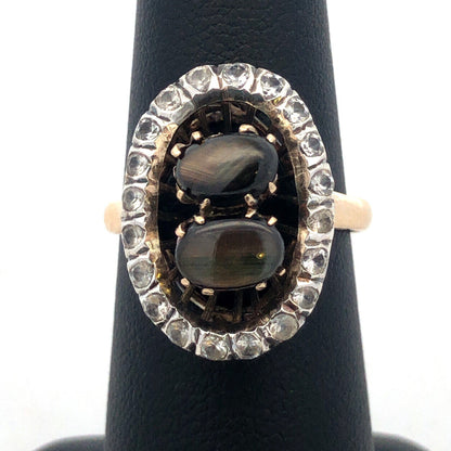 Vintage 14K Yellow Gold Black Star Sapphire White Amethyst Halo Cocktail Ring