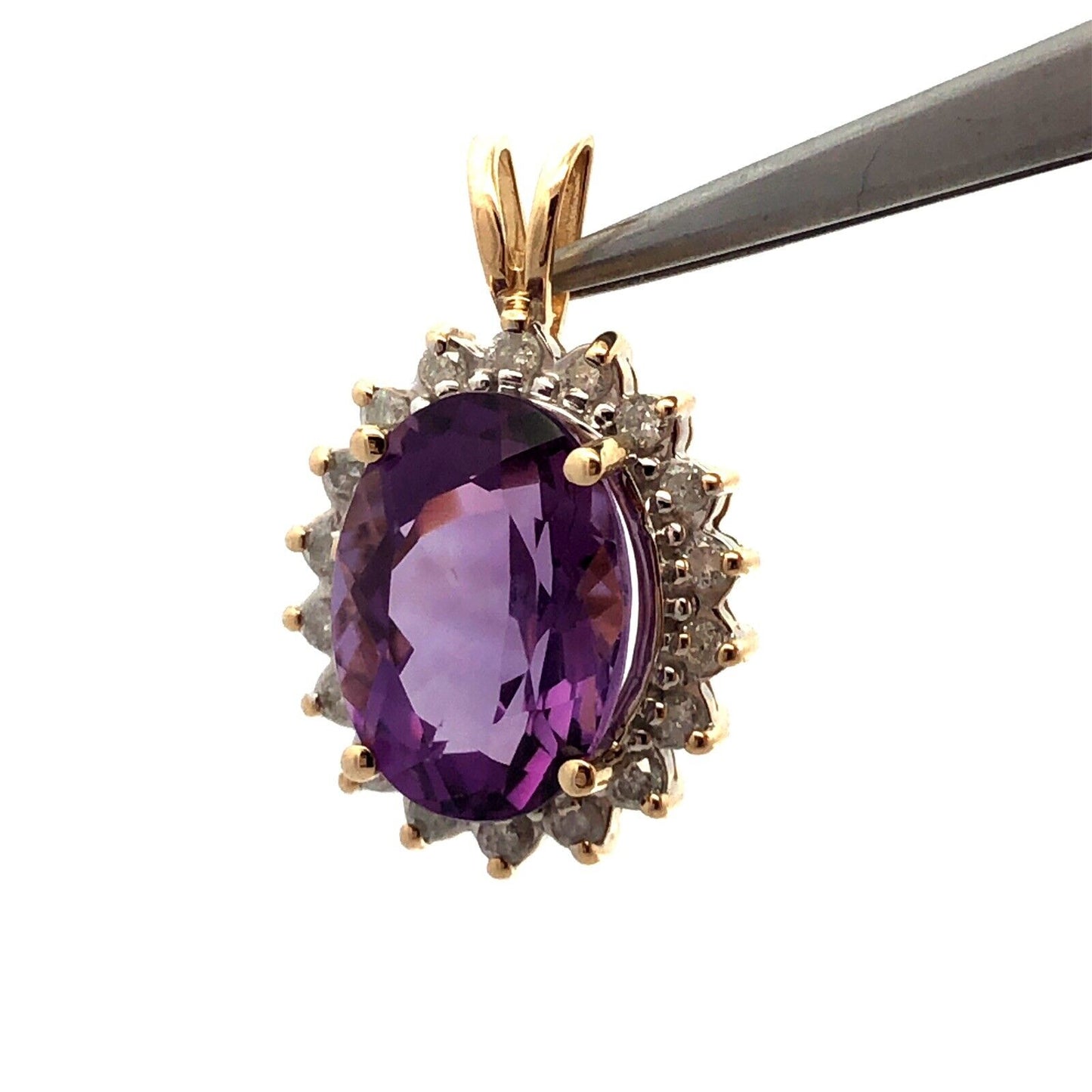 Designer 14K Yellow Gold Oval Purple Amethyst Diamond Halo Statement Pendant
