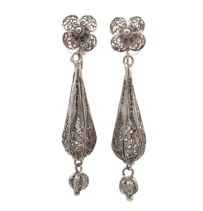 Vintage 925 Sterling Silver Intricate Filigree Floral Dangle Screw Back Earrings