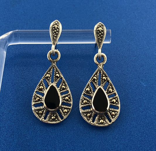925 Sterling Silver Pear Black Onyx Marcasite Halo Drop Dangle Earrings