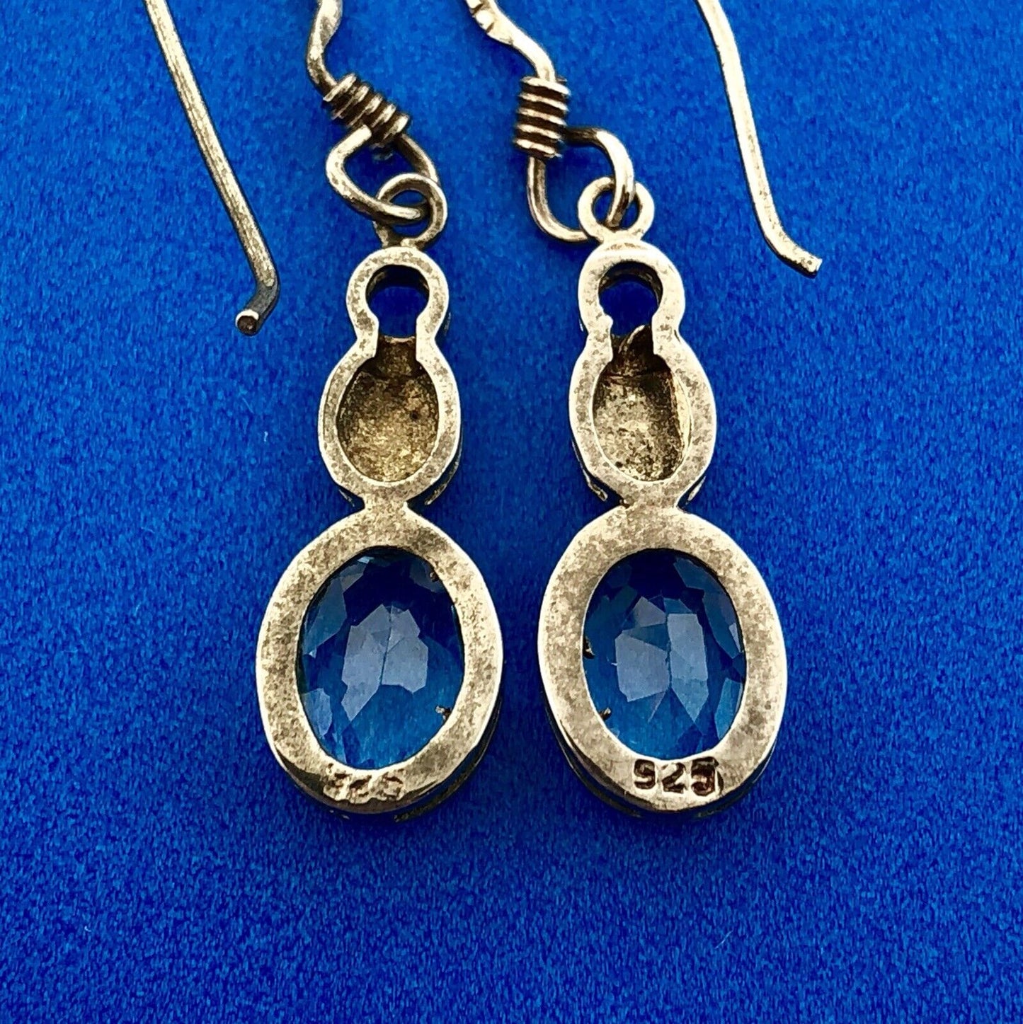 Vintage 925 Sterling Silver Oval Blue Topaz November Anniversary Dangle Earrings