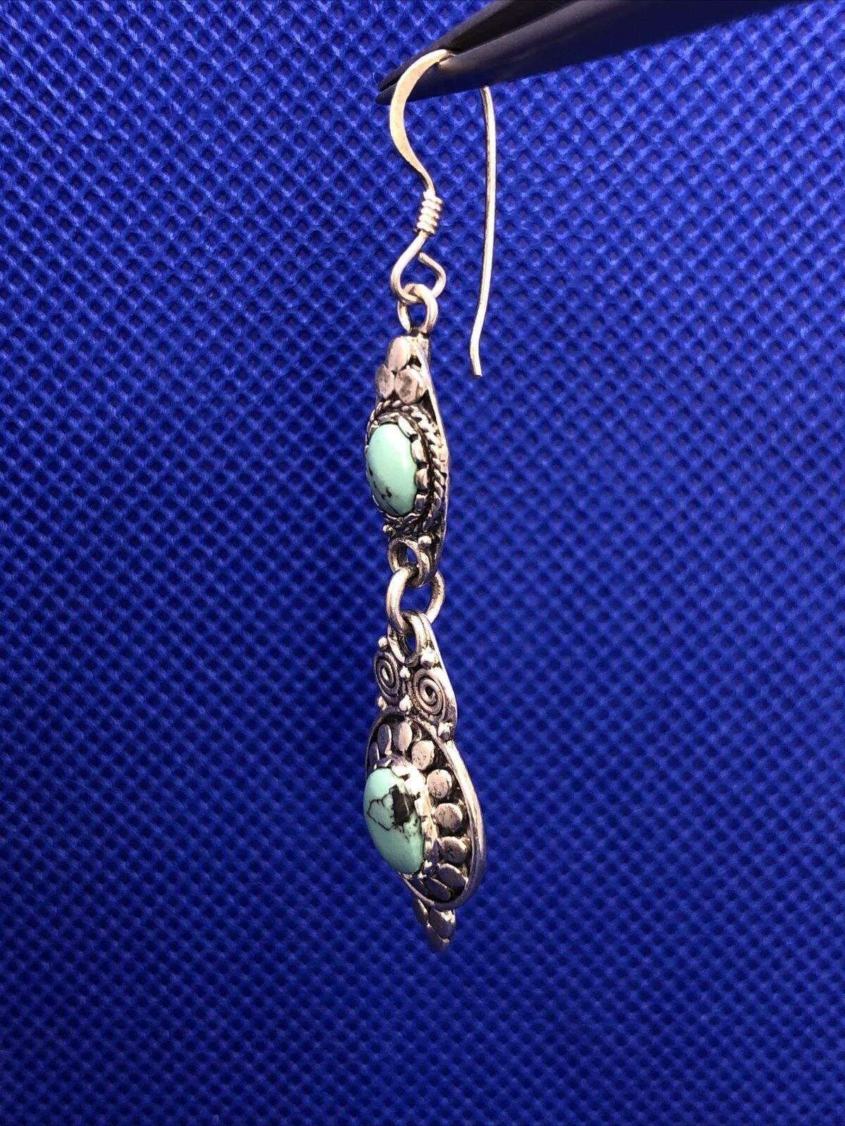 Native American Signed 925 sterling Silver Blue Turquoise Dangle Hook Earrings