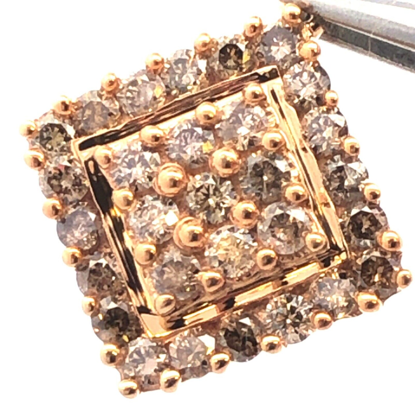 Designer SJ 10K Yellow Gold Round Champagne Diamond Square Statement Pendant