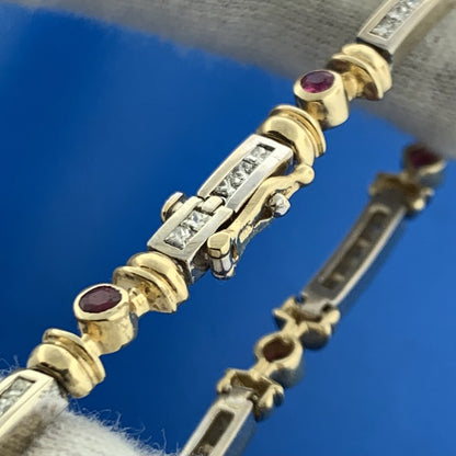 14K White Yellow Gold Diamond Ruby Station Two Toned Statement Tennis Bracelet